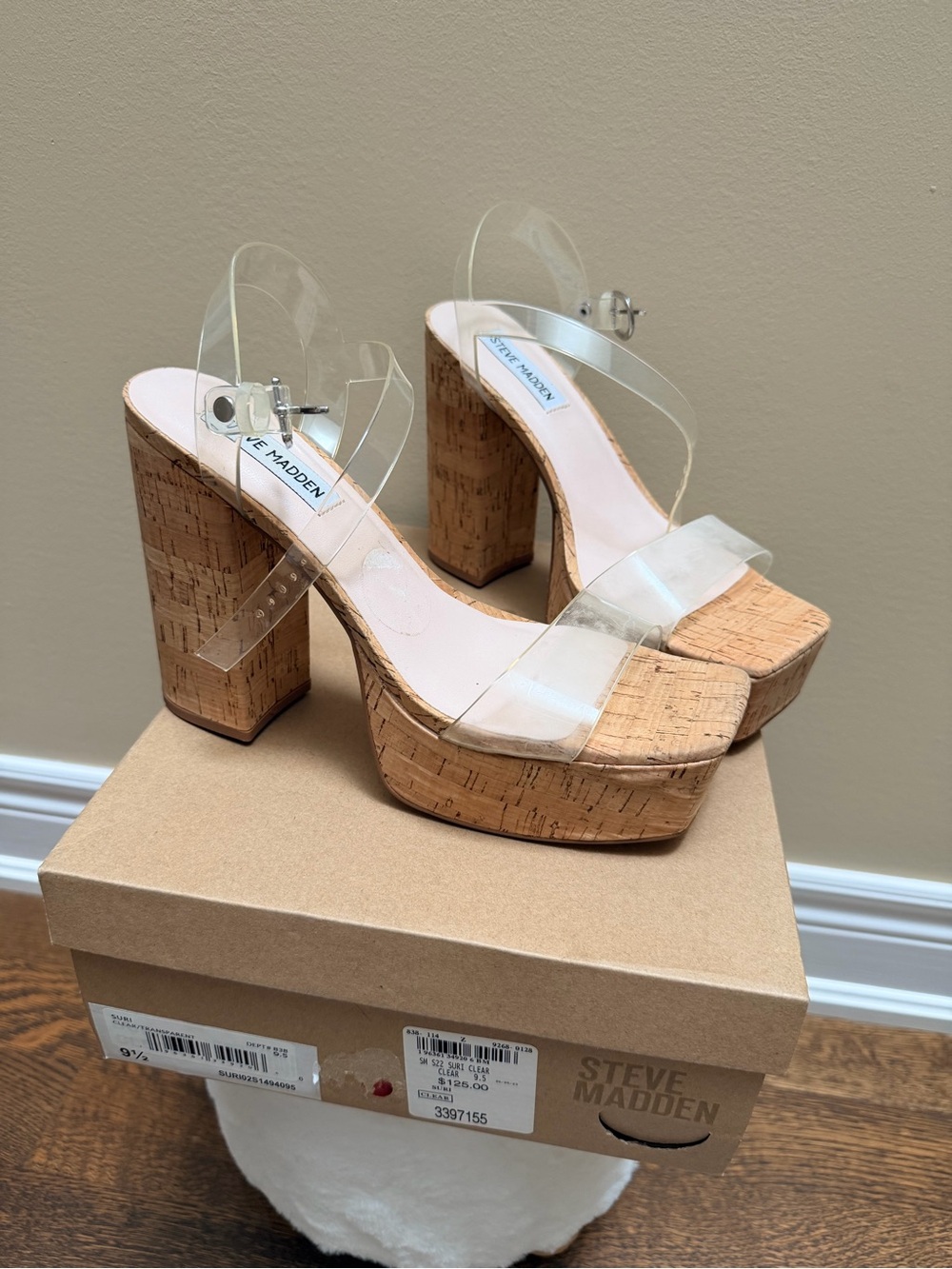 STEVE MADDEN Suri Clear Platform Chunky Cork Sandal Heels Women’s Size 9.5